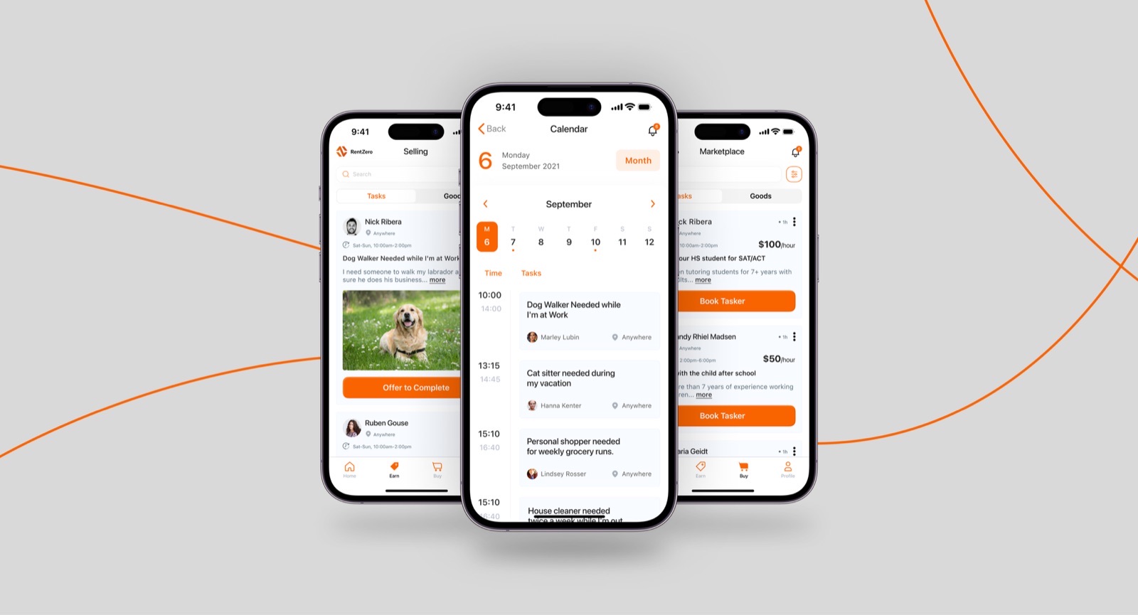 RentZero app — selling, calendar and marketplace screens